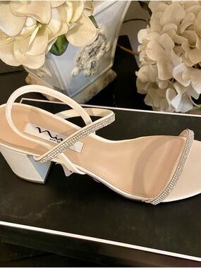 Nina Ivory Crystal-Strap Block Heel Sandal